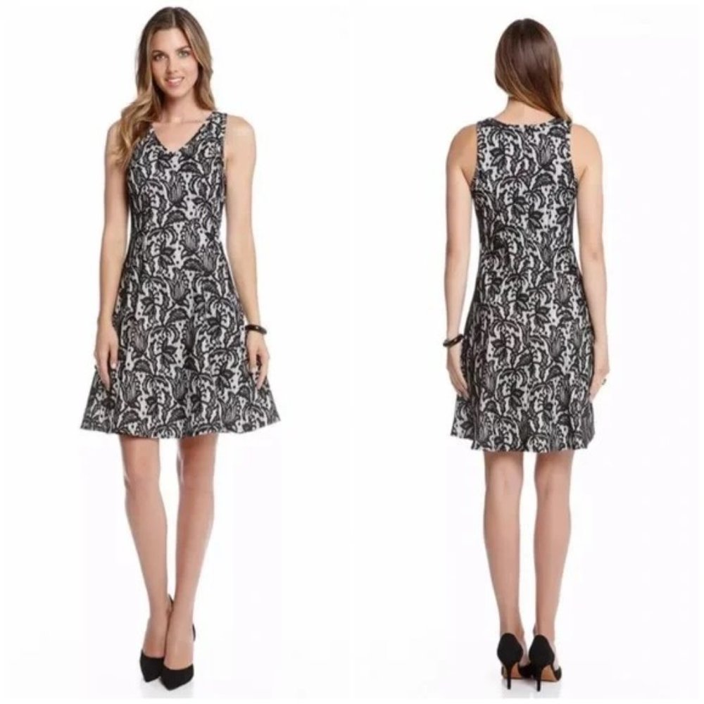 Karen Kane Black and White Bonded Lace Fit and Flare Sleeveless Dress - Size XS